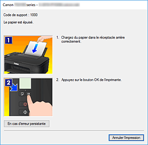 figure&nbsp;: Écran d'état d'imprimante Canon IJ-Affichage d'une erreur