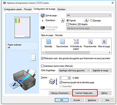figure : Cachet/Arrière-plan... dans l'onglet Configuration de la page