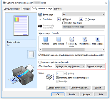 figure : Côté d'agrafage dans l'onglet Configuration de la page