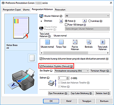 gambar: Kotak centang Pencetakan Dupleks (Manual) pada tab Pengesetan Halaman