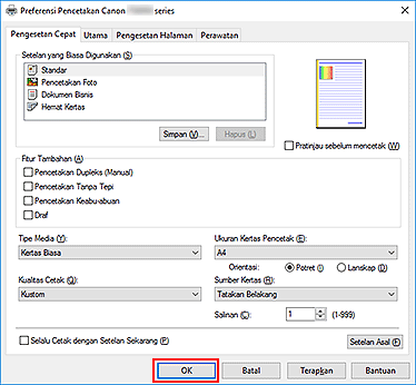 gambar: OK pada tab Pengesetan Cepat