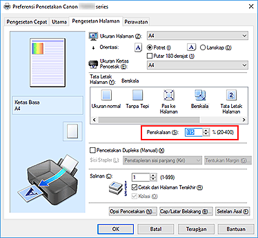 gambar: Penskalaan pada tab Pengesetan Halaman