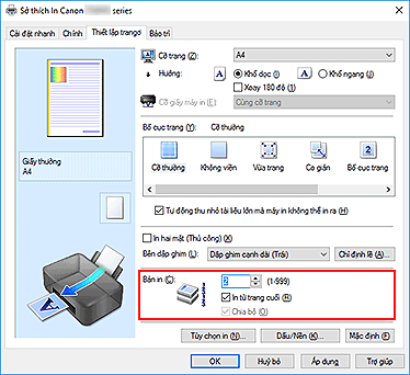 hình: Bản in trên tab Thiết lập trang