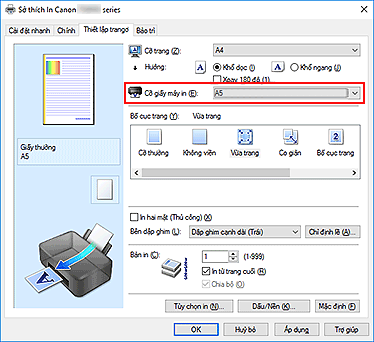 hình: Cỡ giấy máy in trên tab Thiết lập trang