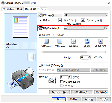 hình: Cỡ giấy máy in trên tab Thiết lập trang