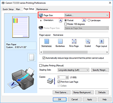 figure:Select Custom for Page Size on the Page Setup tab