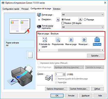 figure&nbsp;: Sélectionnez Brochure comme Mise en page dans l'onglet Configuration de la page.