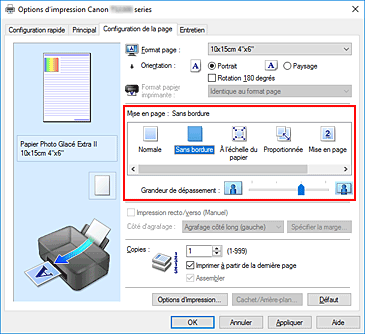 figure&nbsp;: Sélectionnez Sans bordure comme Mise en page dans l'onglet Configuration de la page.