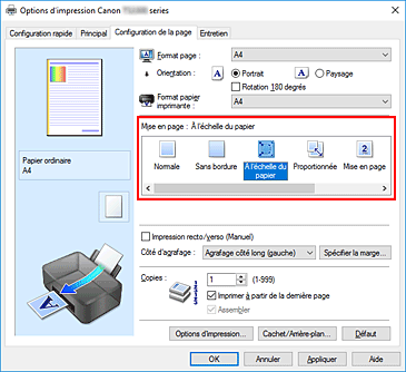 figure&nbsp;: Sélectionnez À l'échelle du papier comme Mise en page dans l'onglet Configuration de la page.