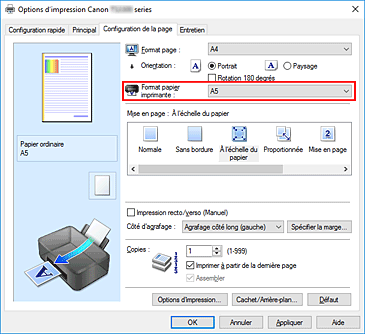 figure&nbsp;: Format papier imprimante dans l'onglet Configuration de la page