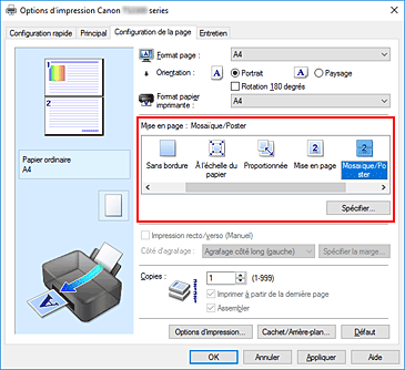 figure&nbsp;: Sélectionnez Mosaïque/Poster comme Mise en page dans l'onglet Configuration de la page.