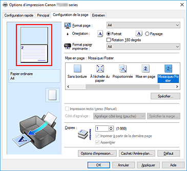 figure&nbsp;: Affichage de l'aperçu des paramètres dans l'onglet Configuration de la page