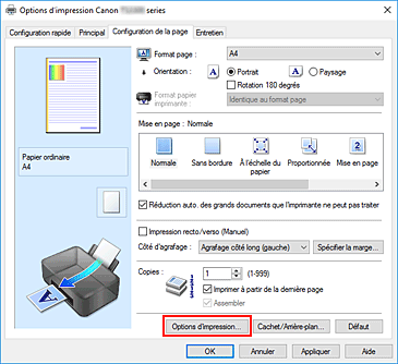 figure&nbsp;: Options d'impression... dans l'onglet Configuration de la page