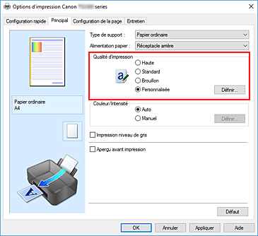 figure&nbsp;: Dans l'onglet Principal, sélectionnez Personnalisée pour Qualité d'impression