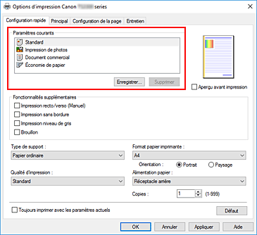 figure&nbsp;: Paramètres courants dans l'onglet Configuration rapide