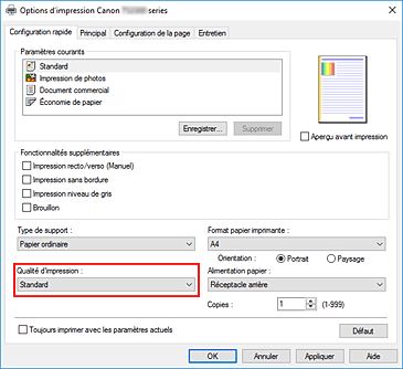 figure&nbsp;: Qualité d'impression dans l'onglet Configuration rapide