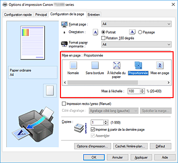 figure&nbsp;: Sélectionnez Proportionnée comme Mise en page dans l'onglet Configuration de la page.