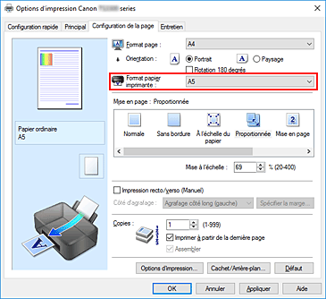 figure&nbsp;: Format papier imprimante dans l'onglet Configuration de la page