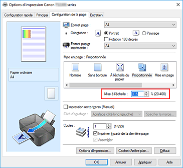 figure&nbsp;: Mise à l'échelle dans l'onglet Configuration de la page