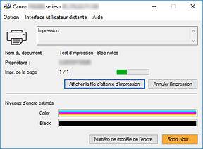figure&nbsp;: Écran d'état d'imprimante Canon IJ