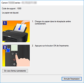 figure&nbsp;: Écran d'état d'imprimante Canon IJ-Affichage d'une erreur