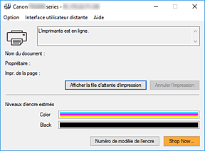 figure&nbsp;: Écran d'état d'imprimante Canon IJ