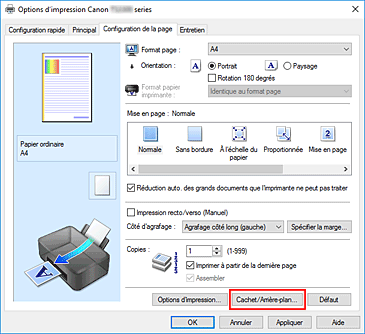 figure&nbsp;: Cachet/Arrière-plan... dans l'onglet Configuration de la page