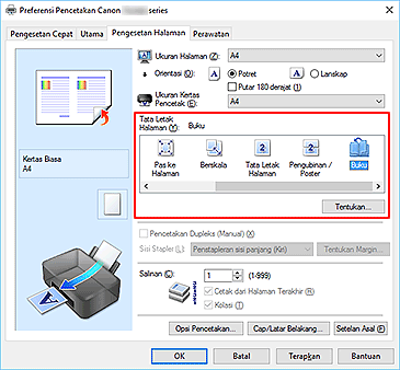gambar: Pilih Buku untuk Tata Letak Halaman pada tab Pengesetan Halaman
