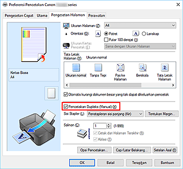 gambar: Kotak centang Pencetakan Dupleks (Manual) pada tab Pengesetan Halaman