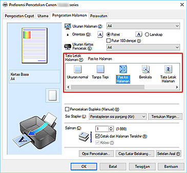 gambar: Pilih Pas ke Halaman untuk Tata Letak Halaman pada tab Pengesetan Halaman