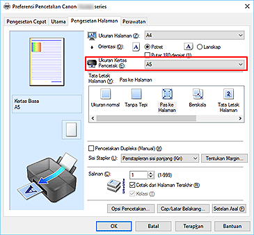 gambar: Ukuran Kertas Pencetak pada tab Pengesetan Halaman