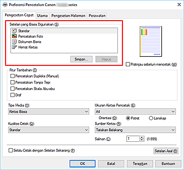 gambar: Setelan yang Biasa Digunakan dalam tab Pengesetan Cepat