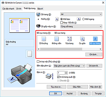hình: Chọn Bố cục trang cho Bố cục trang trên tab Thiết lập trang