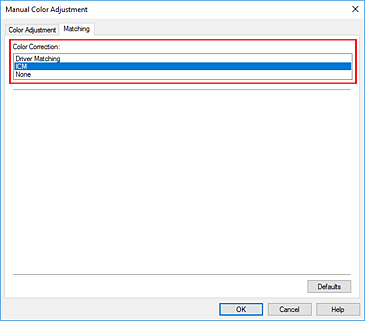 figure:Select ICM for Color Correction in the Manual Color Adjustment dialog box