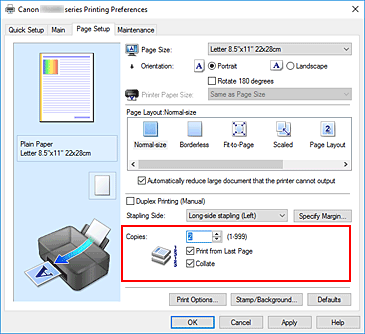 figure:Copies on the Page Setup tab