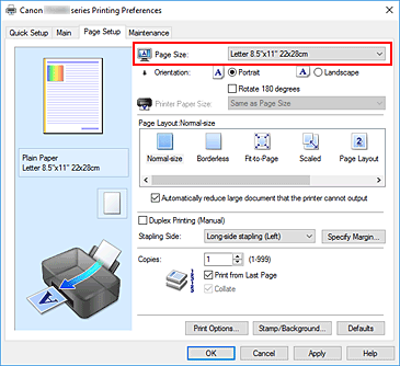 figure:Page Size on the Page Setup tab