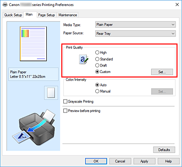 figure:Select on the Main tab, select Custom for Print Quality