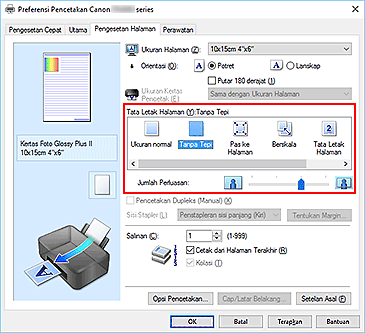 gambar: Pilih Tanpa Tepi untuk Tata Letak Halaman pada tab Pengesetan Halaman