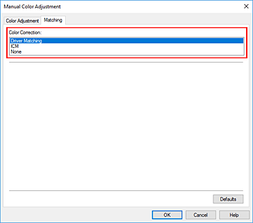 şekil: El ile Renk Ayarlama iletişim kutusunda Renk Düzeltme için Sürücü Eşleştirmeyi seçin