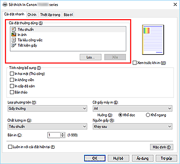 hình: Cài đặt thường dùng trên tab Cài đặt nhanh