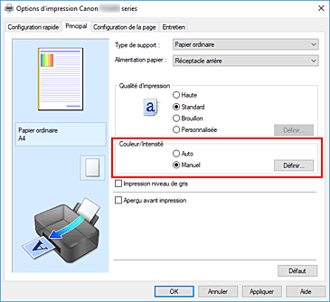 figure&nbsp;: Sélectionnez Manuel pour Couleur/Intensité dans l'onglet Principal.