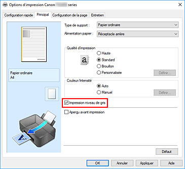 figure&nbsp;: Case à cocher Impression niveau de gris dans l'onglet Principal