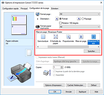 figure&nbsp;: Sélectionnez Mosaïque/Poster comme Mise en page dans l'onglet Configuration de la page.