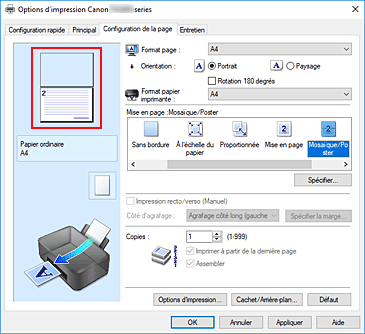 figure&nbsp;: Affichage de l'aperçu des paramètres dans l'onglet Configuration de la page