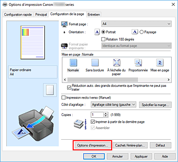 figure&nbsp;: Options d'impression... dans l'onglet Configuration de la page