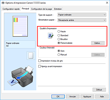 figure&nbsp;: Dans l'onglet Principal, sélectionnez Personnalisée pour Qualité d'impression