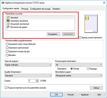 figure&nbsp;: Paramètres courants dans l'onglet Configuration rapide