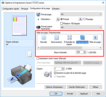 figure&nbsp;: Sélectionnez Proportionnée comme Mise en page dans l'onglet Configuration de la page.