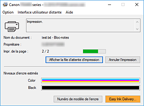 figure&nbsp;: Écran d'état d'imprimante Canon IJ