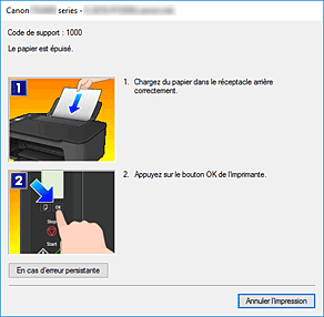 figure&nbsp;: Écran d'état d'imprimante Canon IJ-Affichage d'une erreur